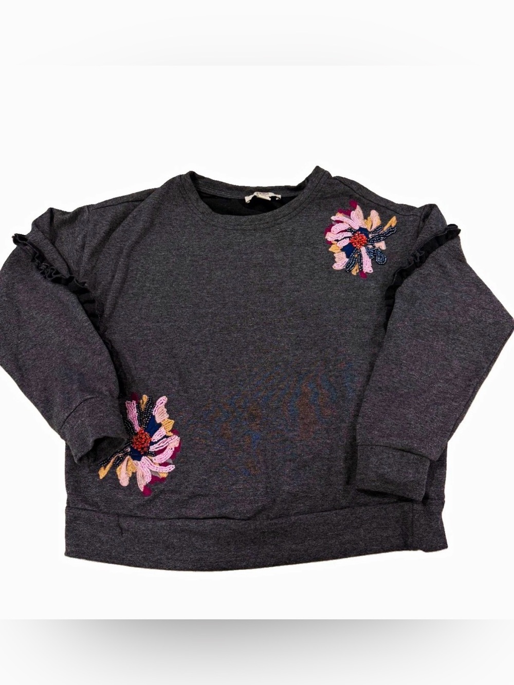 Vintage America Blues Women's S Gray Floral Sequin Ruffle Fleece Pullover